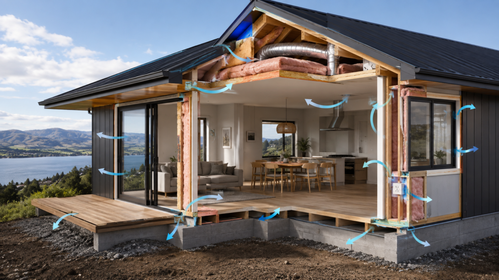 Diagram of airtightness and ventilation airflow through a High Performance Home